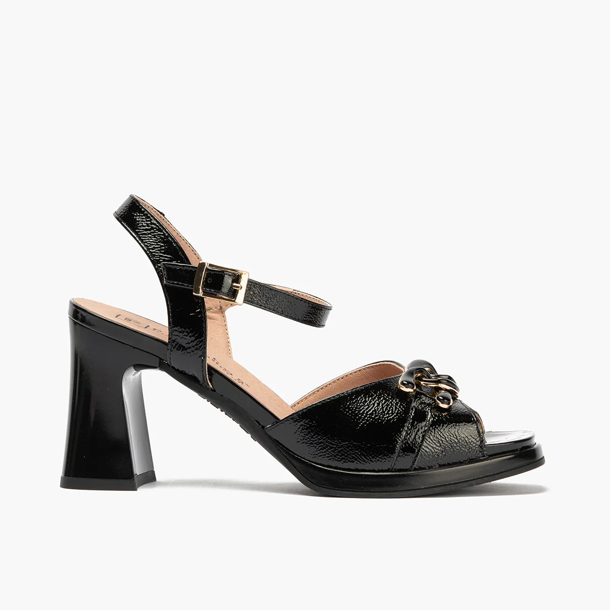 SANDALIA MUJER PITILLOS TACÓN CHAROL NEGRO 11222